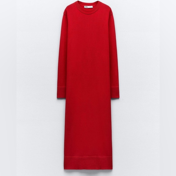 ZARA Solid Red Maxi Dress Size Large Red Holiday Viscose Knit Maxi Mob Wife - Picture 1 of 11